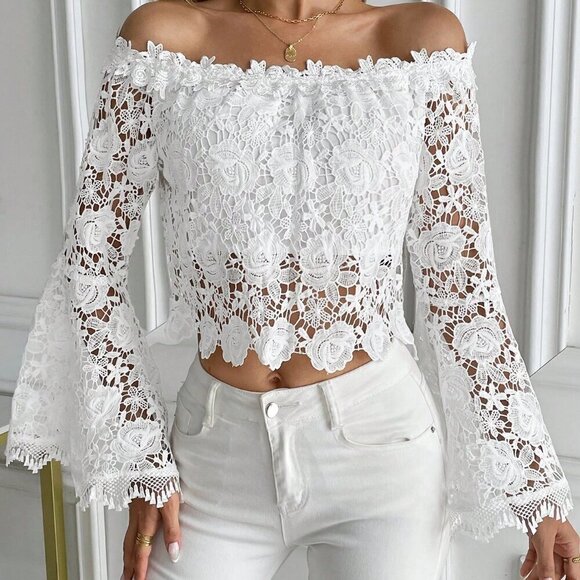 White Elegant Women's Summer Solid Color Lace Off-Shoulder Flare Sleeve Blouse - Picture 5 of 6